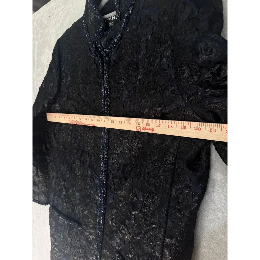 Chanel Black Blue Floral Jacquard Longline Jacket Camellia CC Logo FR50 US 16 18